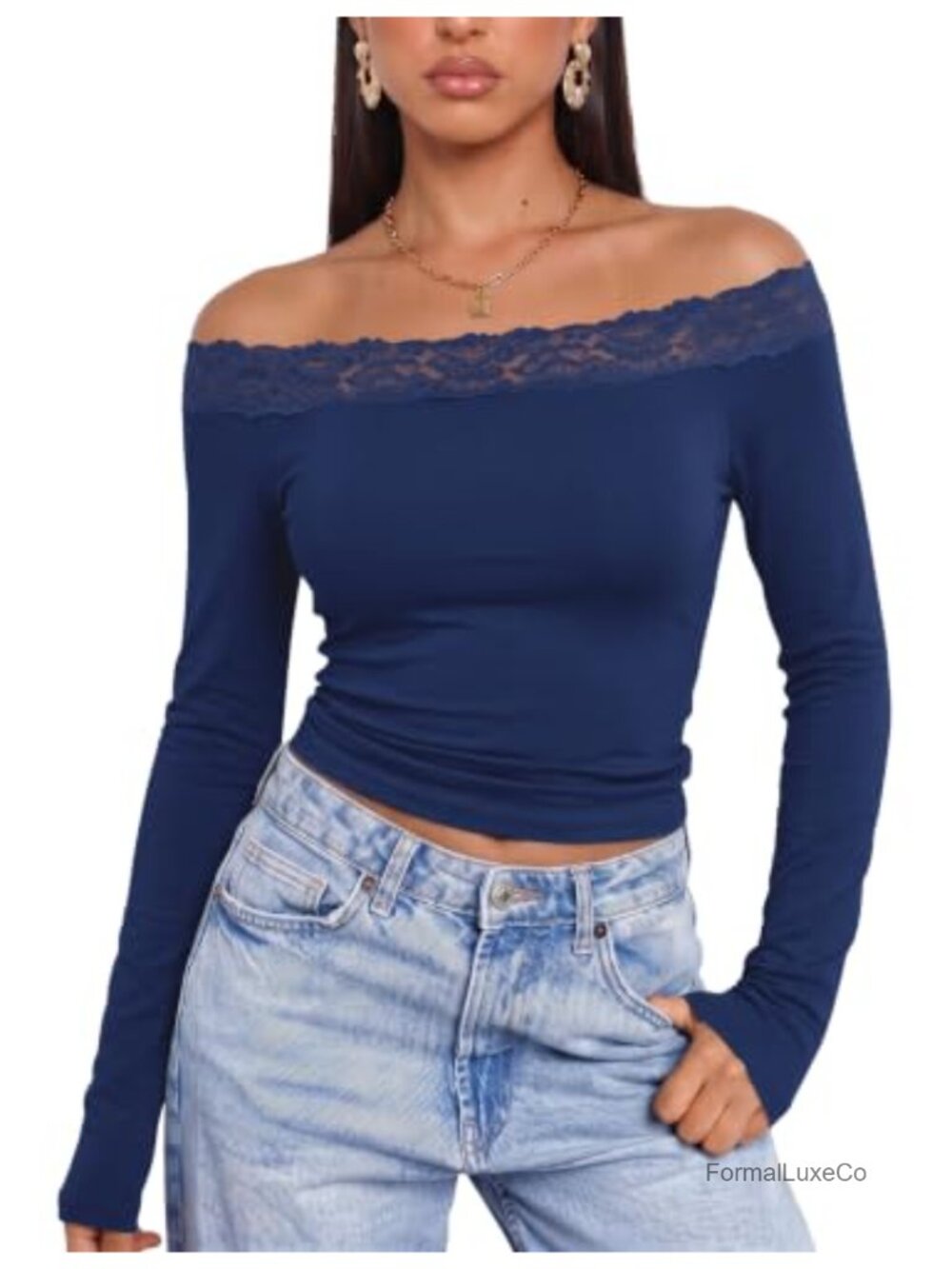 Lace Trim Off Shoulder Long Sleeve Knit Top